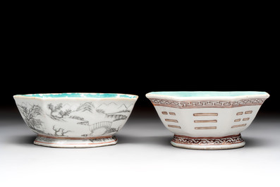 Four Chinese famille rose tazzas, one with a wooden stand, Xianfeng and Tongzhi marks, 19th C.