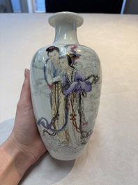 A pair of Chinese famille rose vases with two goddesses, Xi Ping Cao Lu 希平草廬 mark, Republic