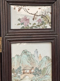 A rare Chinese eight-panel hongmu room divider with 48 qianjiang cai plaques, signed Jia Xingqing 贾醒卿, dated 1902