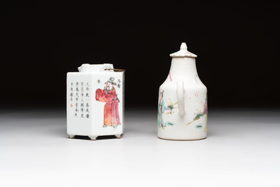 A Chinese 'Wu Shuang Pu' teapot and a famille rose covered wine pot, 19th C.