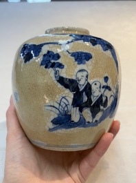A Chinese famille verte covered vase, a pair of blue and white jars on wooden stands and two jars, 19th C.
