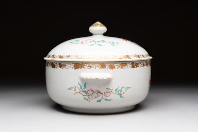 A Chinese famille rose armorial tureen and cover with the arms of Backwell quartering Tyringham for the English market, Yongzheng/Qianlong