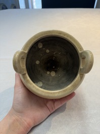 A Chinese Swatow cream-glazed tripod censer with wooden cover, 18/19th C.