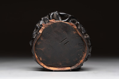 Four Chinese famille rose tazzas, one with a wooden stand, Xianfeng and Tongzhi marks, 19th C.