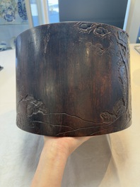 A large Chinese inscribed zitan brush pot, 18/19th C.