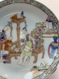 A Chinese famille rose saucer with two ladies and a boy, Yongzheng