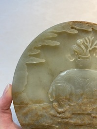A pair of Chinese carved jade &lsquo;elephant&rsquo; plaques on wooden stands, 19th C.