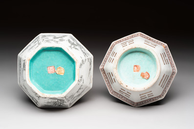 Four Chinese famille rose tazzas, one with a wooden stand, Xianfeng and Tongzhi marks, 19th C.