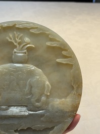 A pair of Chinese carved jade &lsquo;elephant&rsquo; plaques on wooden stands, 19th C.