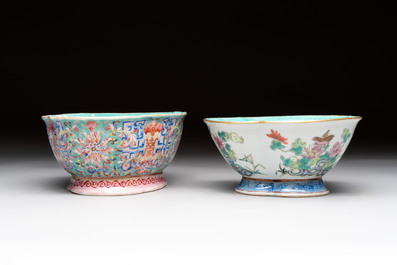 Four Chinese famille rose tazzas, one with a wooden stand, Xianfeng and Tongzhi marks, 19th C.