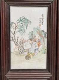 A rare Chinese eight-panel hongmu room divider with 48 qianjiang cai plaques, signed Jia Xingqing 贾醒卿, dated 1902