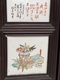 A rare Chinese eight-panel hongmu room divider with 48 qianjiang cai plaques, signed Jia Xingqing 贾醒卿, dated 1902
