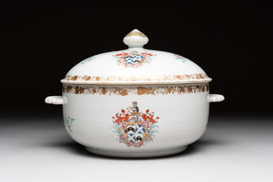 A Chinese famille rose armorial tureen and cover with the arms of Backwell quartering Tyringham for the English market, Yongzheng/Qianlong