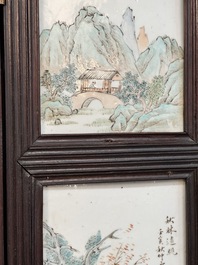 A rare Chinese eight-panel hongmu room divider with 48 qianjiang cai plaques, signed Jia Xingqing 贾醒卿, dated 1902
