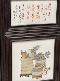 A rare Chinese eight-panel hongmu room divider with 48 qianjiang cai plaques, signed Jia Xingqing 贾醒卿, dated 1902