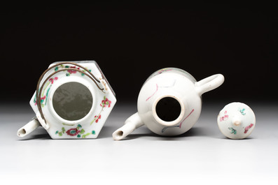 A Chinese 'Wu Shuang Pu' teapot and a famille rose covered wine pot, 19th C.