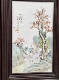 A rare Chinese eight-panel hongmu room divider with 48 qianjiang cai plaques, signed Jia Xingqing 贾醒卿, dated 1902