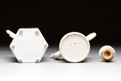 A Chinese 'Wu Shuang Pu' teapot and a famille rose covered wine pot, 19th C.