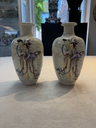 A pair of Chinese famille rose vases with two goddesses, Xi Ping Cao Lu 希平草廬 mark, Republic