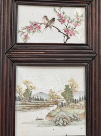 A rare Chinese eight-panel hongmu room divider with 48 qianjiang cai plaques, signed Jia Xingqing 贾醒卿, dated 1902