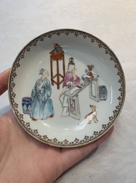 A Chinese iron-red-decorated 'boy and buffalo' cup and saucer and a famille rose 'Xi Xiang Ji' cup and saucer, Qianlong