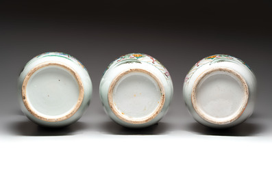Three Chinese famille rose vases, signed Zhang Rong Shun 張榮順 and Qun Yi Hua Guan 群益畫館 19/20th C.
