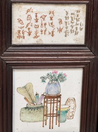 A rare Chinese eight-panel hongmu room divider with 48 qianjiang cai plaques, signed Jia Xingqing 贾醒卿, dated 1902
