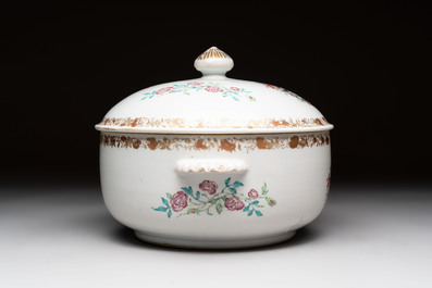 A Chinese famille rose armorial tureen and cover with the arms of Backwell quartering Tyringham for the English market, Yongzheng/Qianlong