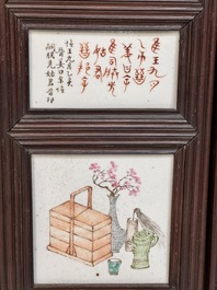 A rare Chinese eight-panel hongmu room divider with 48 qianjiang cai plaques, signed Jia Xingqing 贾醒卿, dated 1902