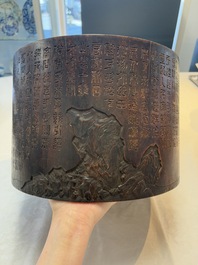 A large Chinese inscribed zitan brush pot, 18/19th C.