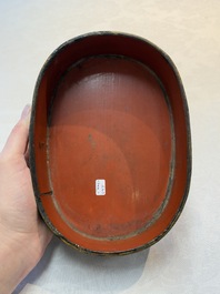 A fine and rare Chinese tortoiseshell-veneered and red-lacquered oval box and cover, signed Wang Wenzhi 王文治, Qianlong mark and of the period