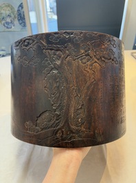 A large Chinese inscribed zitan brush pot, 18/19th C.