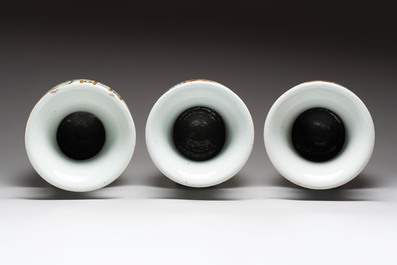 Three Chinese famille rose vases, signed Zhang Rong Shun 張榮順 and Qun Yi Hua Guan 群益畫館 19/20th C.