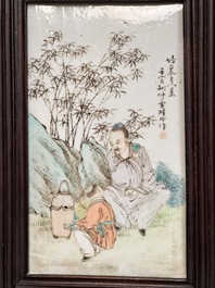 A rare Chinese eight-panel hongmu room divider with 48 qianjiang cai plaques, signed Jia Xingqing 贾醒卿, dated 1902