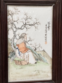 A rare Chinese eight-panel hongmu room divider with 48 qianjiang cai plaques, signed Jia Xingqing 贾醒卿, dated 1902