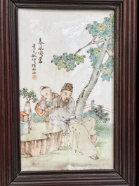 A rare Chinese eight-panel hongmu room divider with 48 qianjiang cai plaques, signed Jia Xingqing 贾醒卿, dated 1902