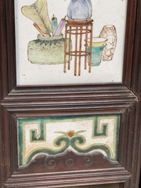 A rare Chinese eight-panel hongmu room divider with 48 qianjiang cai plaques, signed Jia Xingqing 贾醒卿, dated 1902