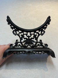 A pair of Chinese carved jade &lsquo;elephant&rsquo; plaques on wooden stands, 19th C.
