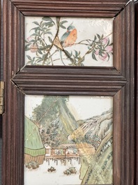 A rare Chinese eight-panel hongmu room divider with 48 qianjiang cai plaques, signed Jia Xingqing 贾醒卿, dated 1902
