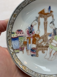 A Chinese famille rose saucer with two ladies and a boy, Yongzheng