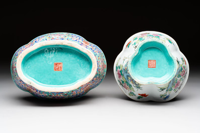Four Chinese famille rose tazzas, one with a wooden stand, Xianfeng and Tongzhi marks, 19th C.