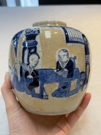 A Chinese famille verte covered vase, a pair of blue and white jars on wooden stands and two jars, 19th C.