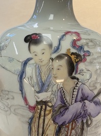 A pair of Chinese famille rose vases with two goddesses, Xi Ping Cao Lu 希平草廬 mark, Republic
