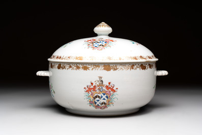 A Chinese famille rose armorial tureen and cover with the arms of Backwell quartering Tyringham for the English market, Yongzheng/Qianlong