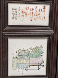 A rare Chinese eight-panel hongmu room divider with 48 qianjiang cai plaques, signed Jia Xingqing 贾醒卿, dated 1902