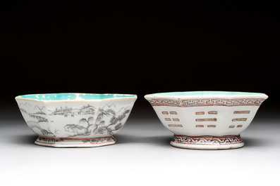 Four Chinese famille rose tazzas, one with a wooden stand, Xianfeng and Tongzhi marks, 19th C.