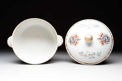A Chinese famille rose armorial tureen and cover with the arms of Backwell quartering Tyringham for the English market, Yongzheng/Qianlong