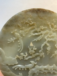 A pair of Chinese carved jade &lsquo;elephant&rsquo; plaques on wooden stands, 19th C.