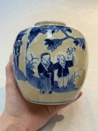 A Chinese famille verte covered vase, a pair of blue and white jars on wooden stands and two jars, 19th C.