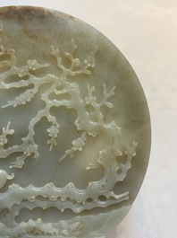 A pair of Chinese carved jade &lsquo;elephant&rsquo; plaques on wooden stands, 19th C.